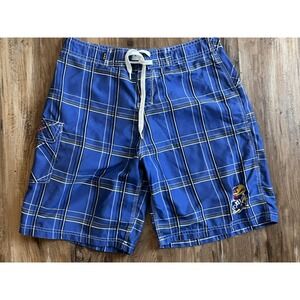 CSS Kansas Jayhawks Blue Plaid Board Shorts Drawstring Men's Size 32"